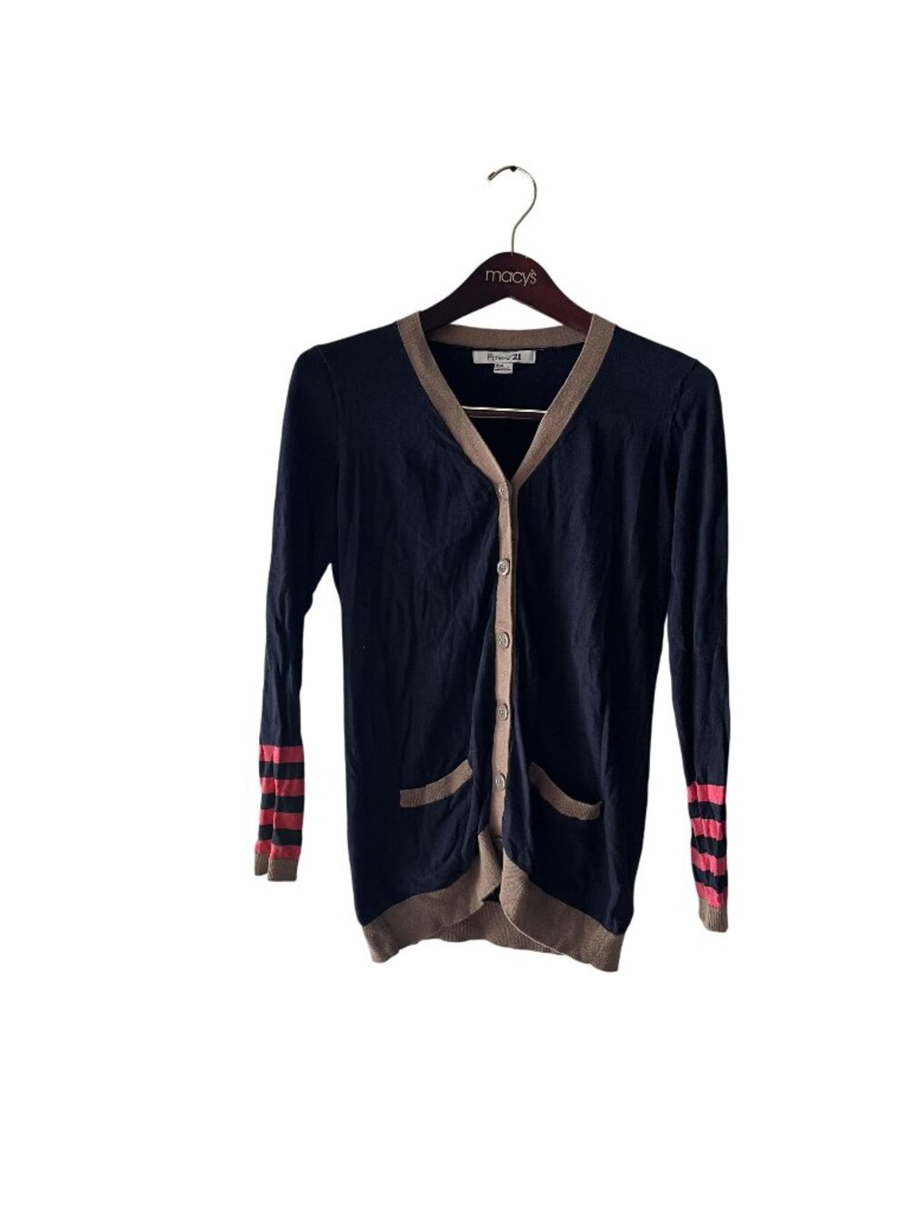 Forever 21 Womens Navy Cardigan With Tan Trim & Striped Sleeves Size M